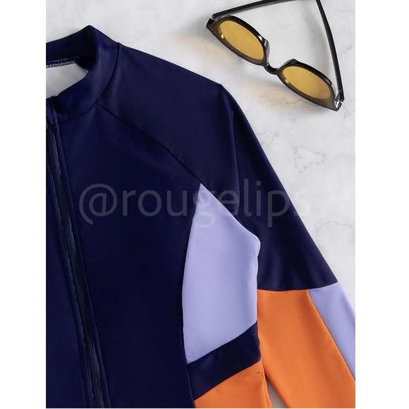 Colorblock Navy, Light Blue and Orange One Piece Swimsuit Zipper Long Sleeve - Picture 7 of 10